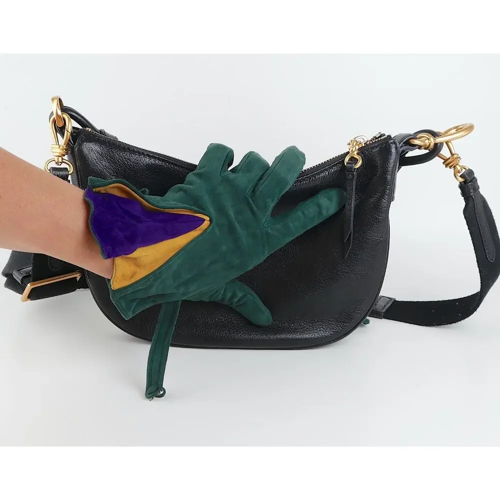 Vintage Emerald Green Suede Leather Colorblock Fan Ruffle Gloves Size 7.5